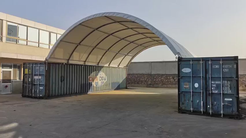 Load and play video in Gallery viewer, Gold Mountain Single Truss Shipping Container Canopy Shelter 20&#39;x40&#39;x6.5&#39;
